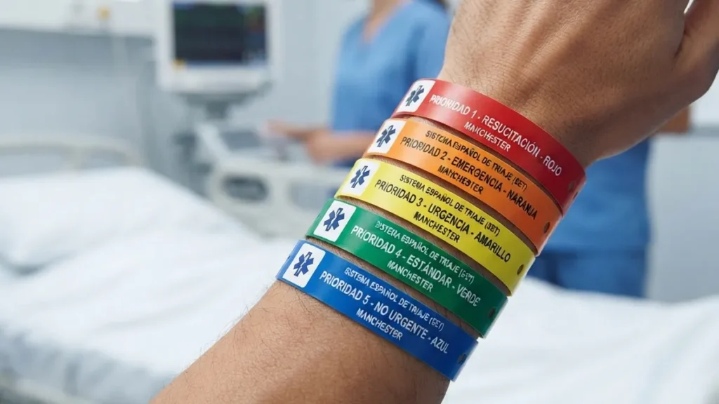 Pulseras hospitalarias con los colores del Sistema Manchester de triaje para urgencias