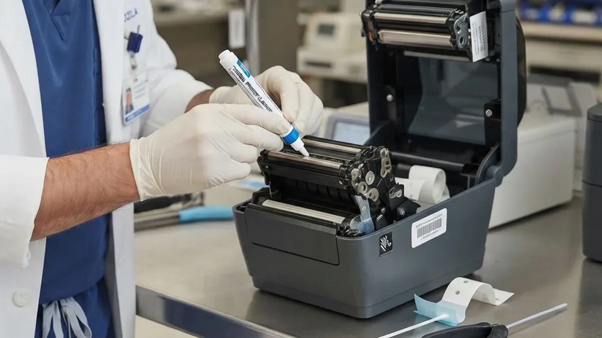 Técnico utilizando un lápiz de limpieza para limpiar cabezal impresora zebra hospital